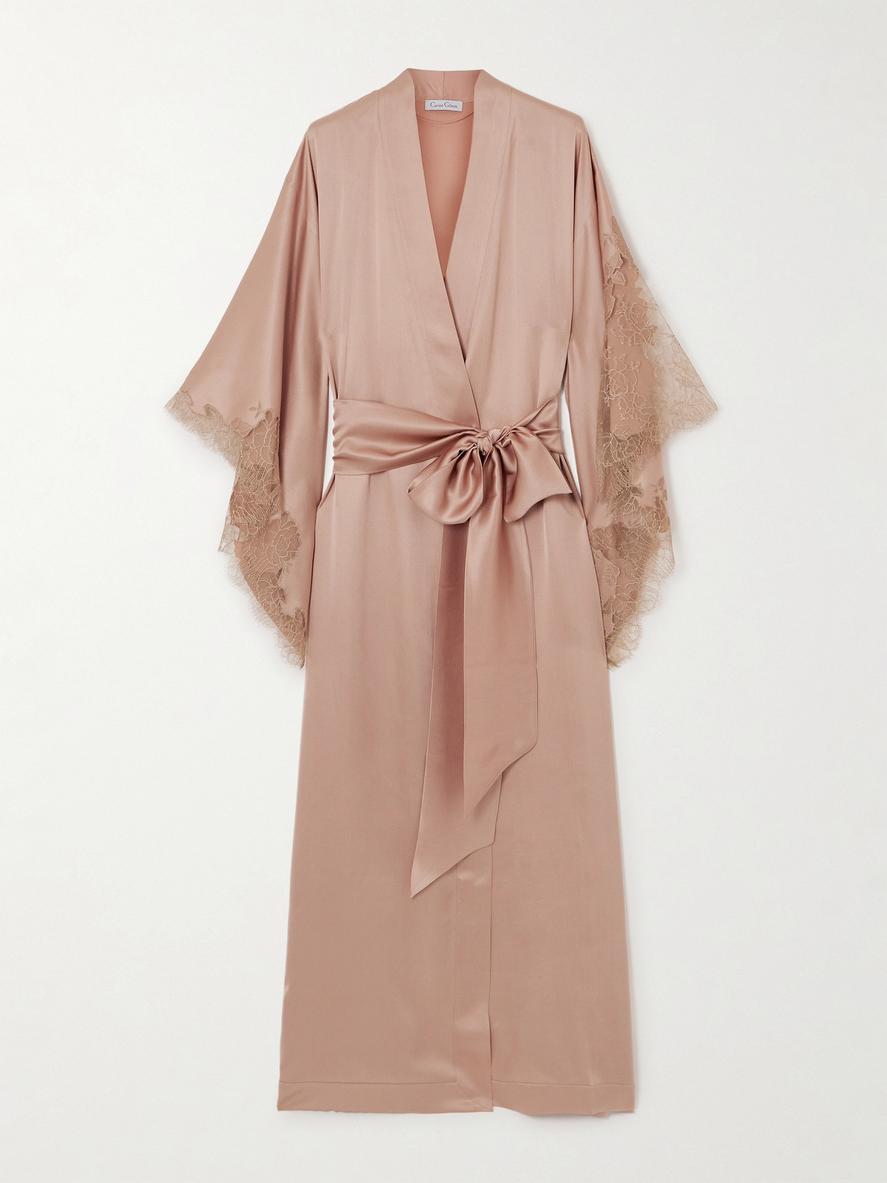 Carine Gilson Belted Lace-trimmed Silk-satin Robe In Pink
