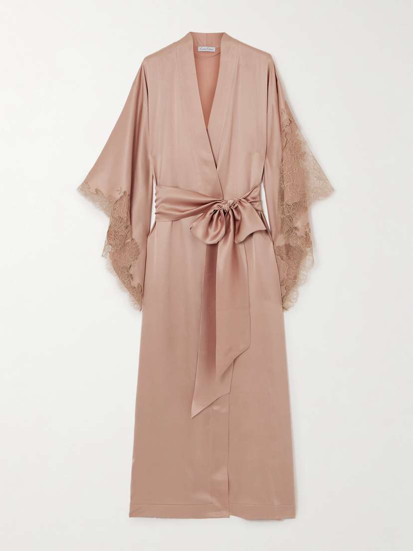 Carine Gilson Belted Lace-trimmed Silk-satin Robe