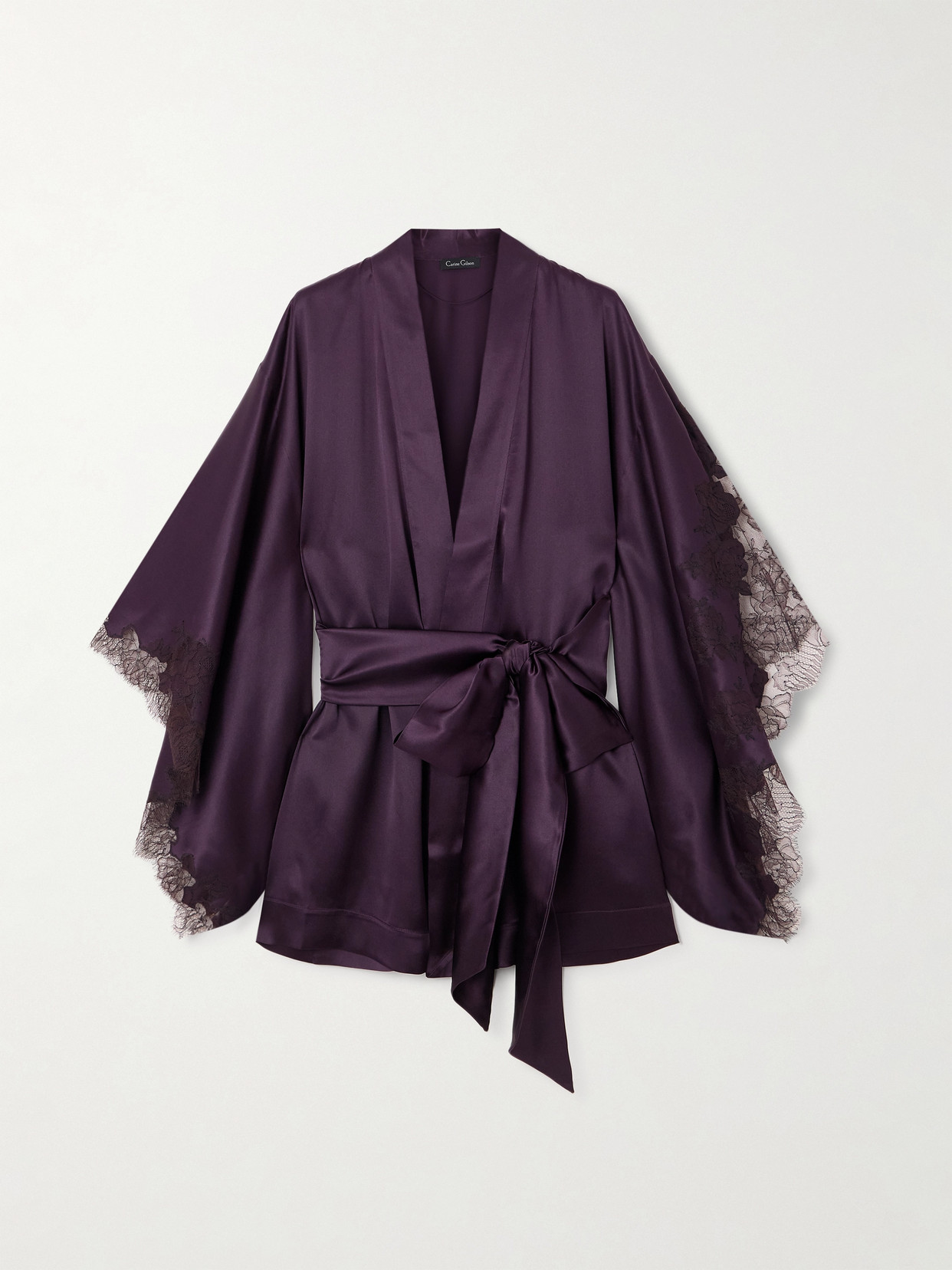 Carine Gilson Belted Lace-trimmed Silk-satin Robe In Purple