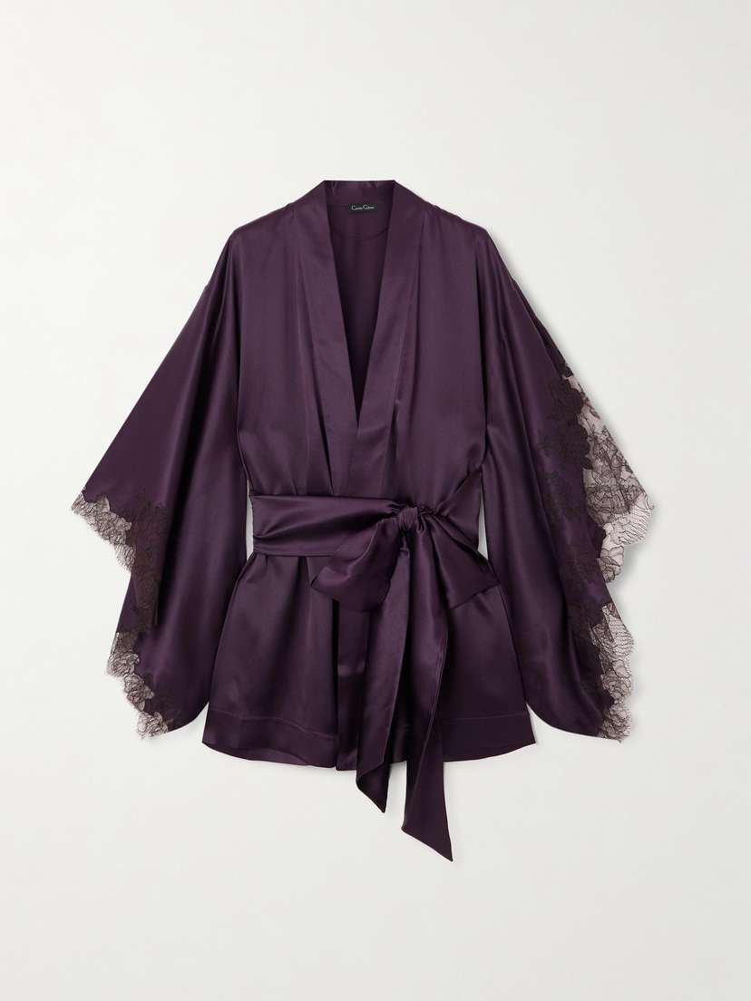 Carine Gilson Belted Lace-trimmed Silk-satin Robe