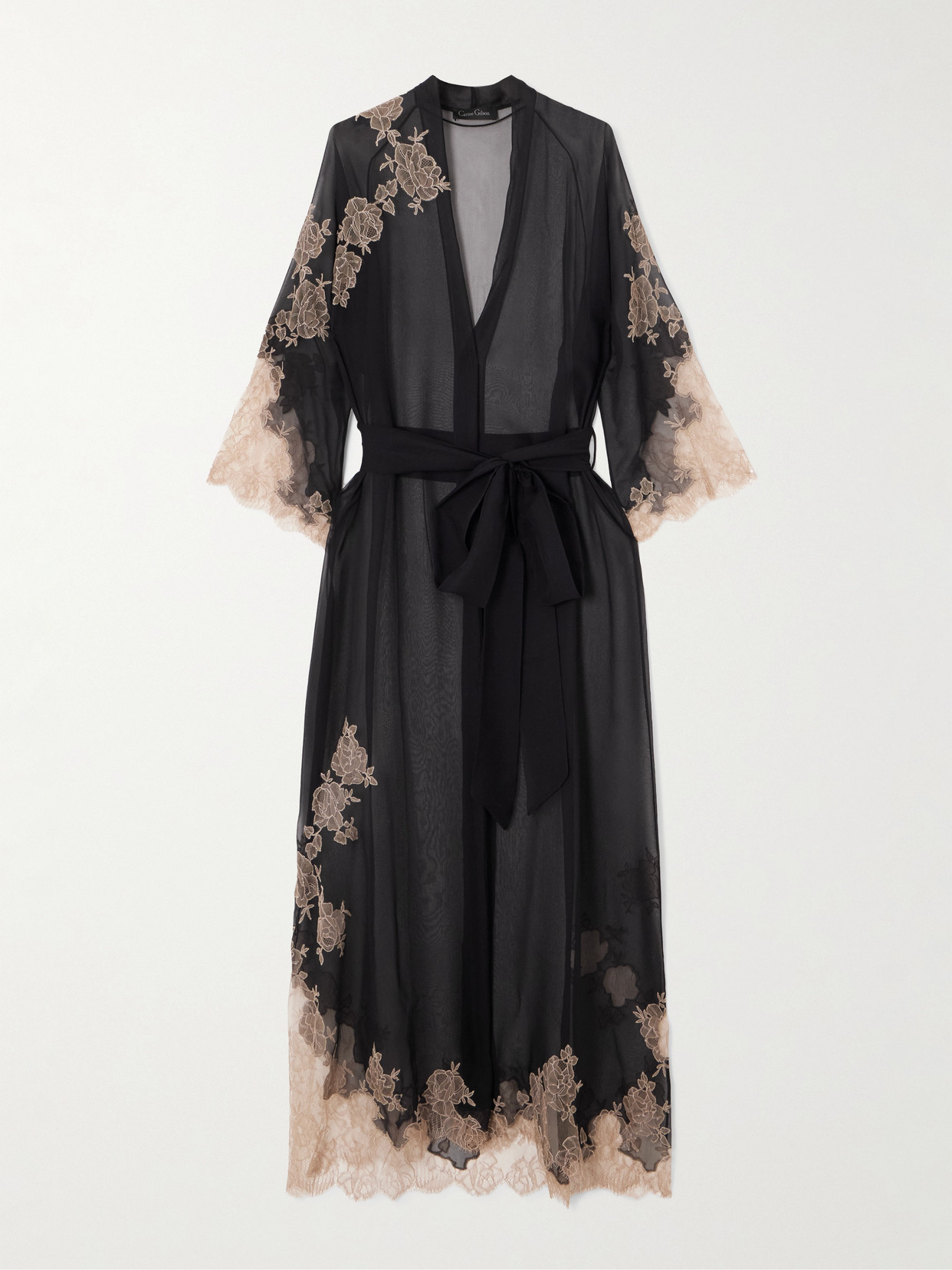 Carine Gilson Lace-trimmed Silk-chiffon Robe In Black