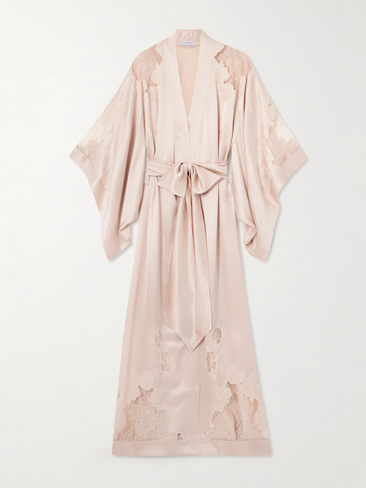 Carine Gilson Belted Lace-trimmed Silk-satin Robe In Neutral