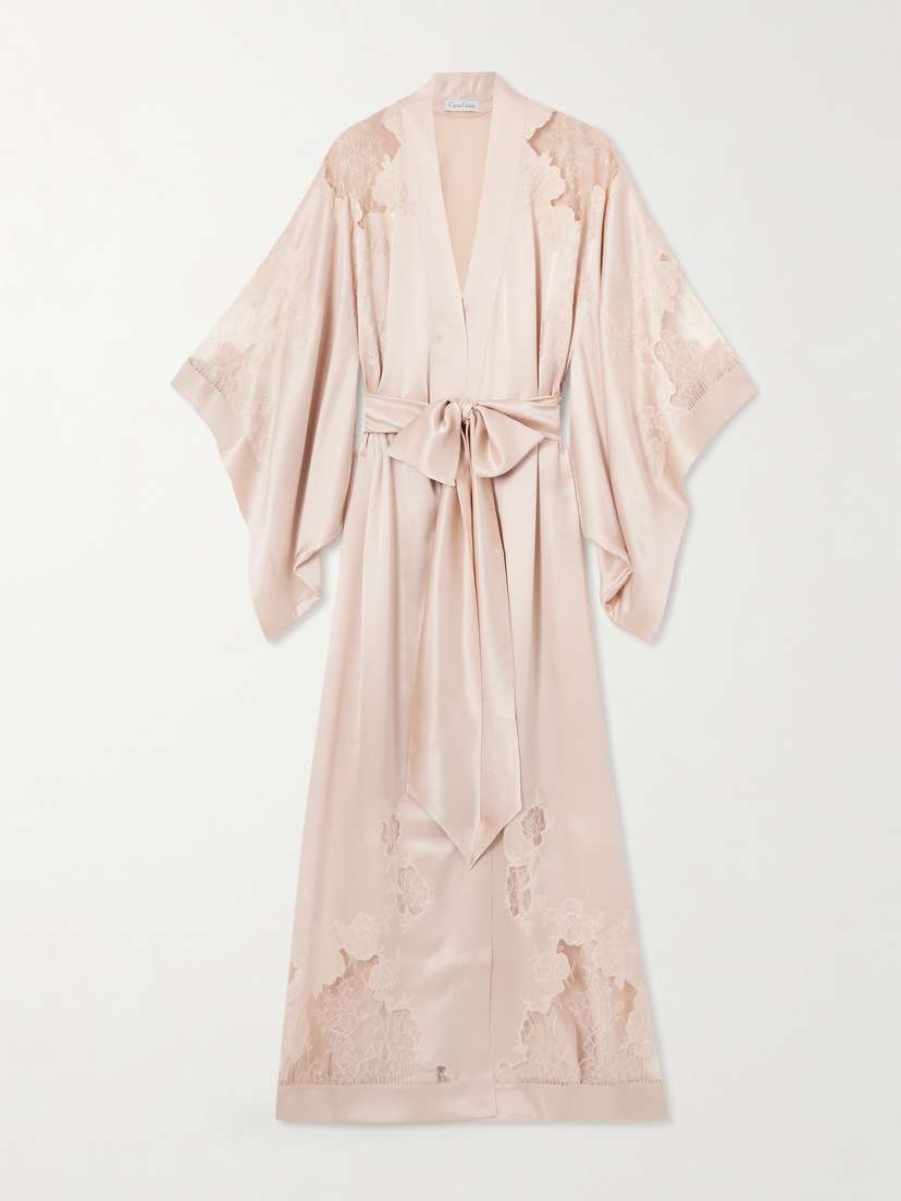 Carine Gilson Belted Lace-trimmed Silk-satin Robe