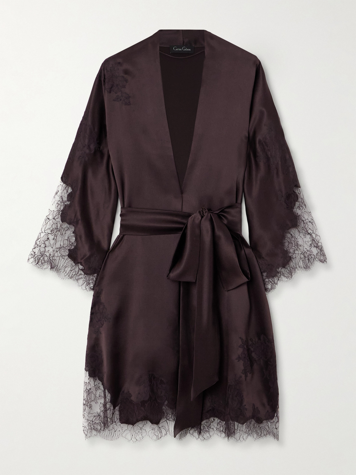 Carine Gilson Belted Lace-trimmed Silk-satin Kimono In Brown