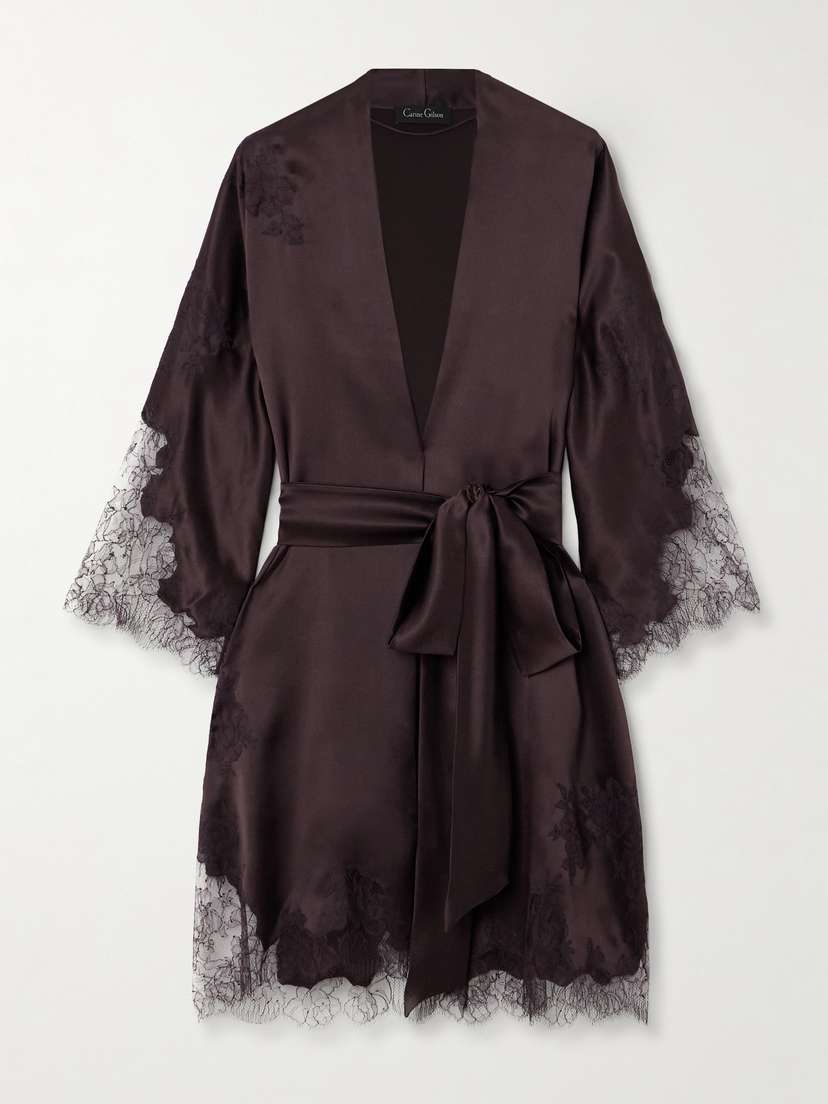 Carine Gilson Belted Lace-trimmed Silk-satin Kimono