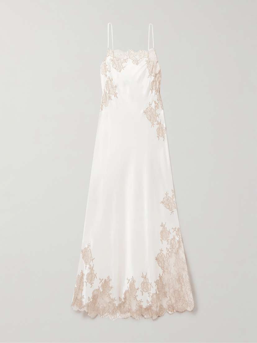 Carine Gilson Chantilly Lace-trimmed Silk-satin Nightdress