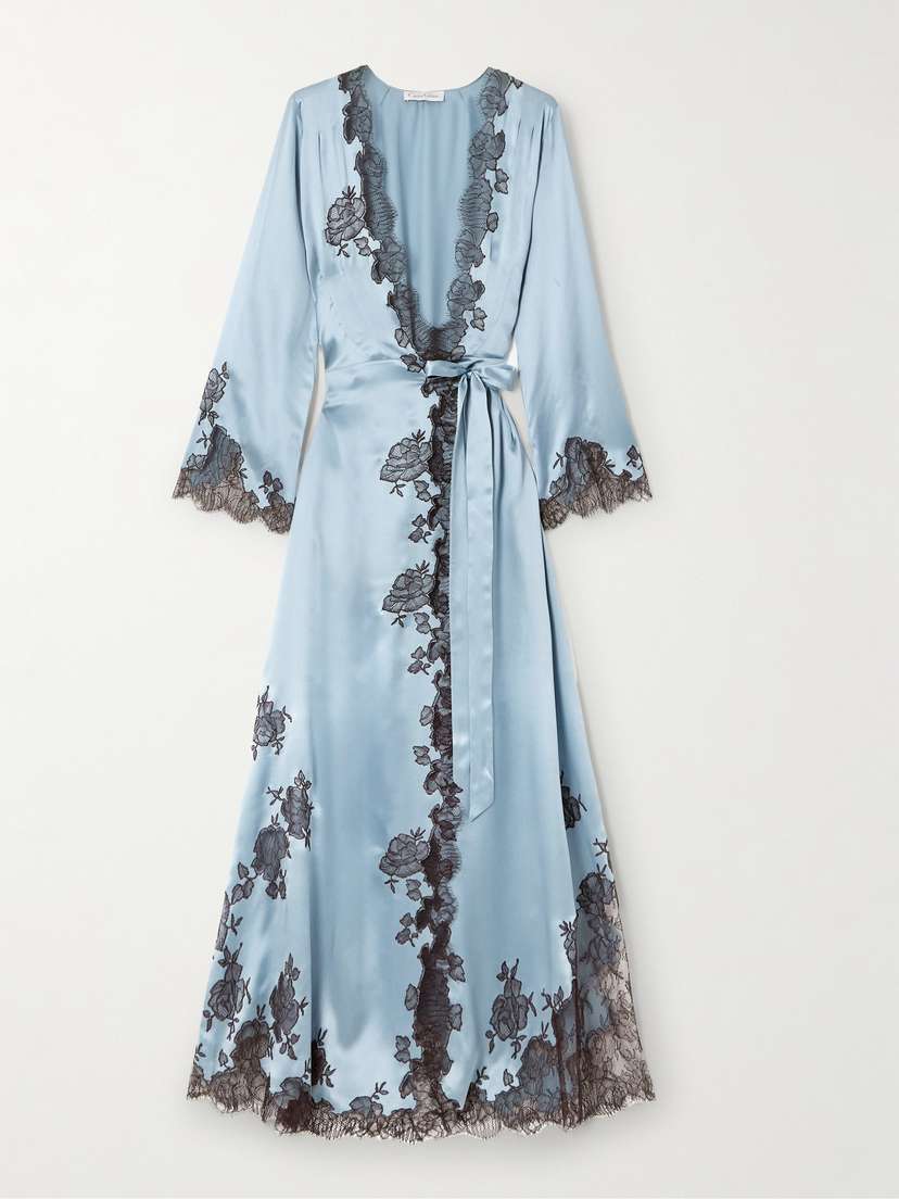 Carine Gilson Belted Lace-trimmed Silk-satin Robe