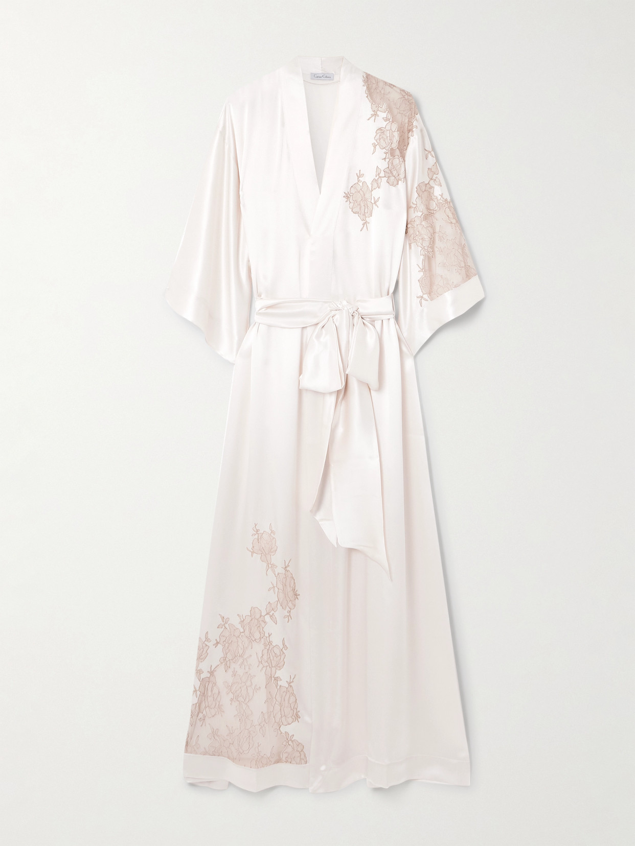 Carine Gilson Belted Lace-trimmed Silk-satin Robe In White