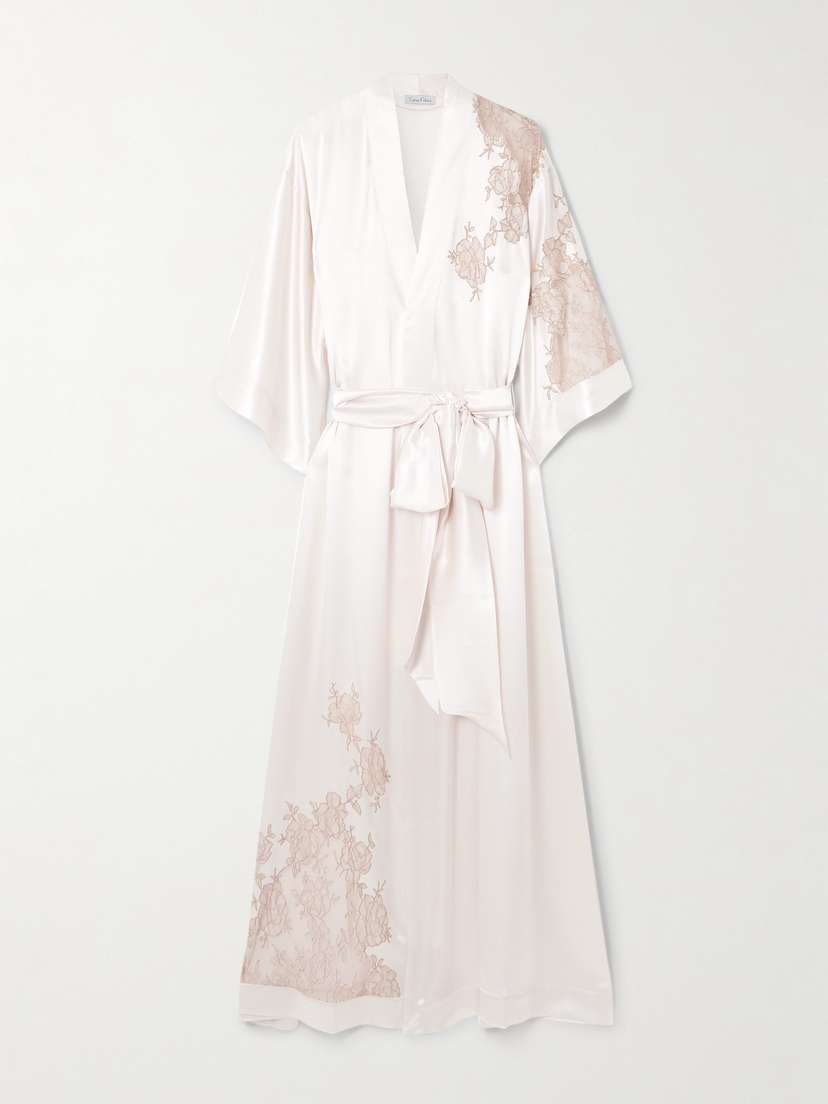 Carine Gilson Belted Lace-trimmed Silk-satin Robe