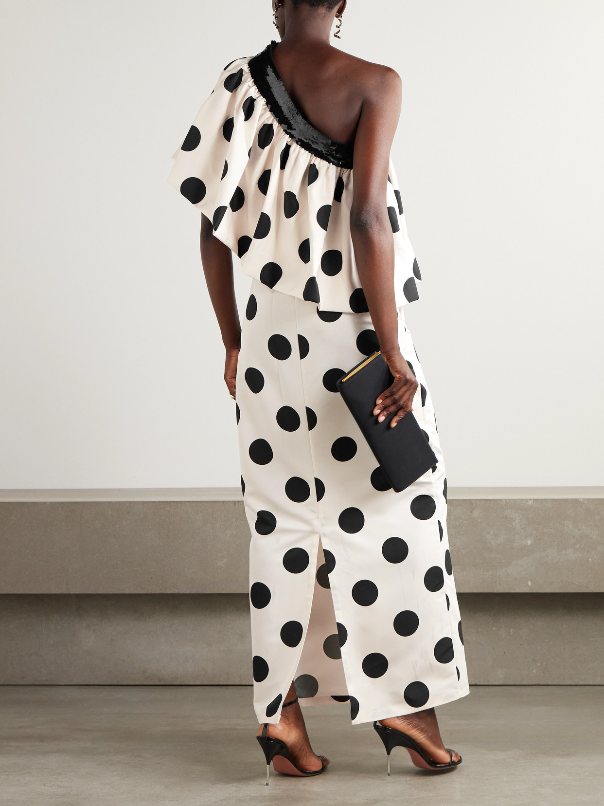 Dima Ayad One-shoulder Sequined Polka-dot Faille Maxi Dress In White