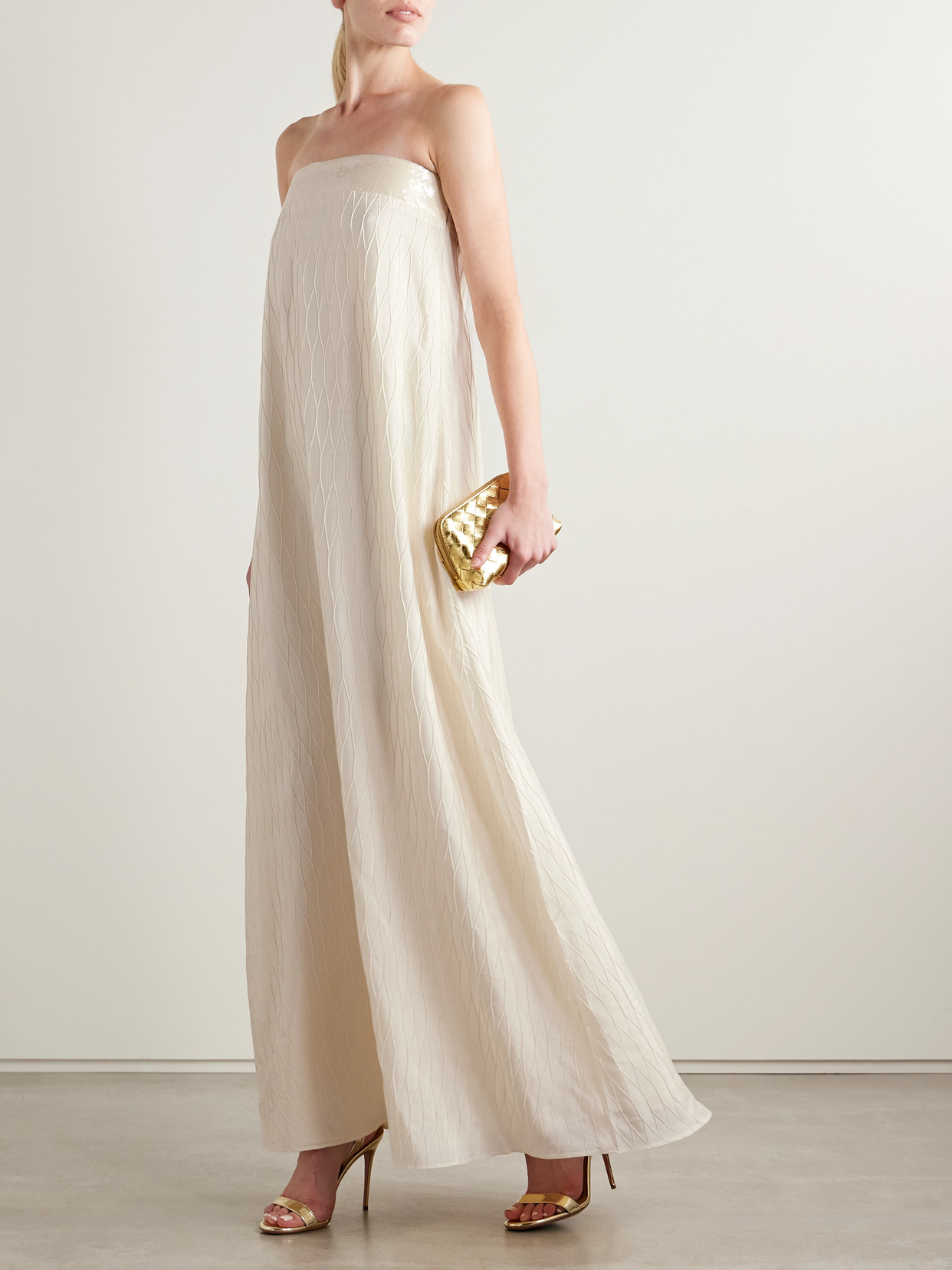 Dima Ayad Strapless Sequin-embellished Cloqué Gown In White