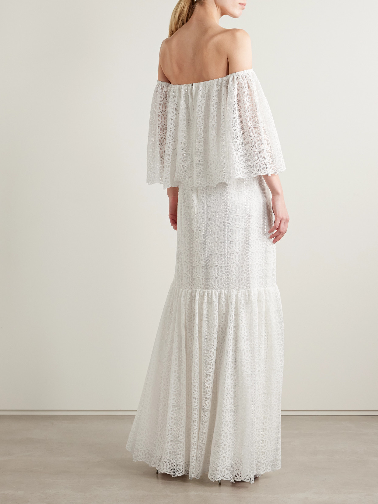 Dima Ayad Off-the-shoulder Tiered Metallic Lace Maxi Dress In White