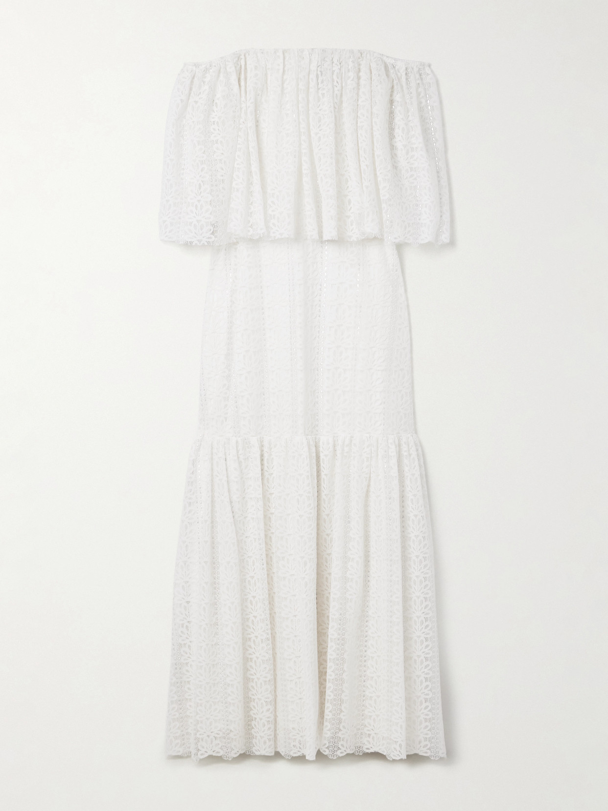 Dima Ayad Off-the-shoulder Tiered Metallic Lace Maxi Dress