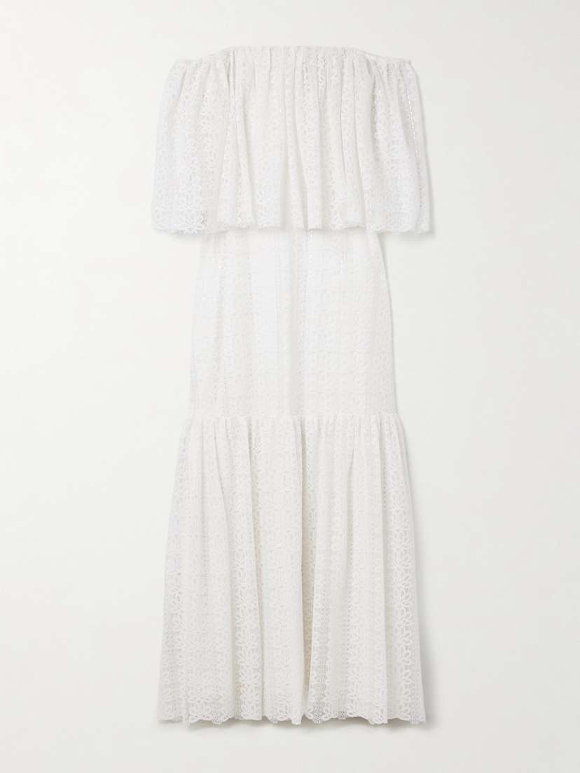 Dima Ayad Off-the-shoulder Tiered Metallic Lace Maxi Dress