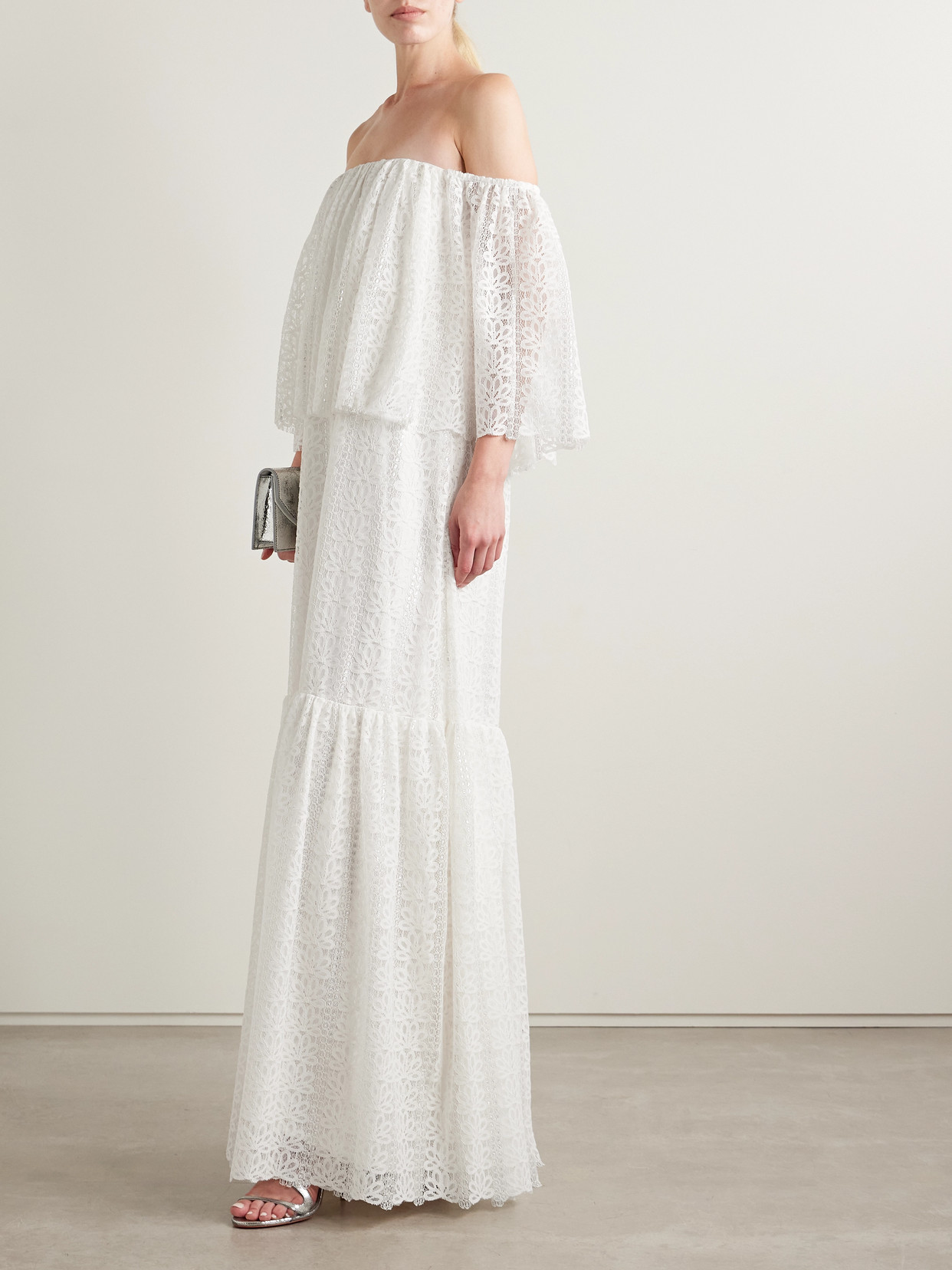 Dima Ayad Off-the-shoulder Tiered Metallic Lace Maxi Dress In White