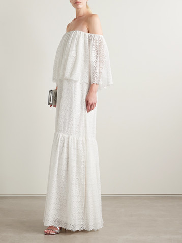 Dima Ayad Off-the-shoulder tiered metallic lace maxi dress