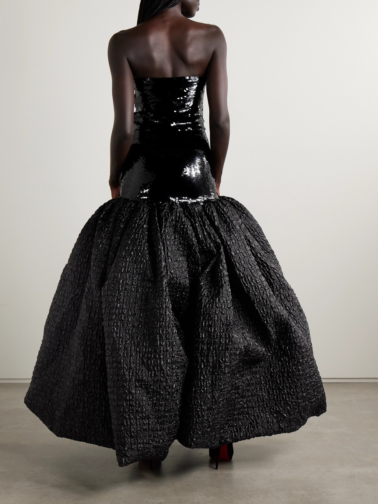 Dima Ayad Strapless Sequined Satin-jersey And Metallic Cloqué Gown In Black
