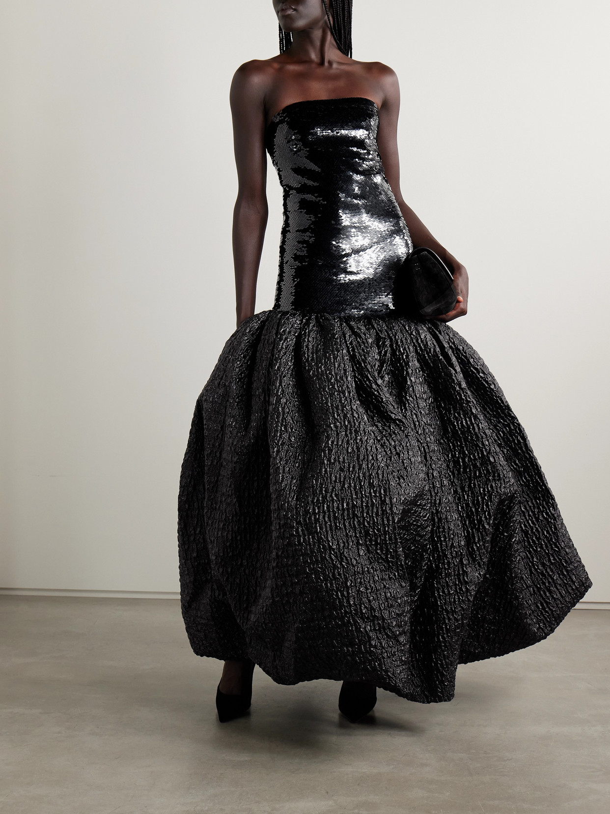 Dima Ayad Strapless Sequined Satin-jersey And Metallic Cloqué Gown In Black