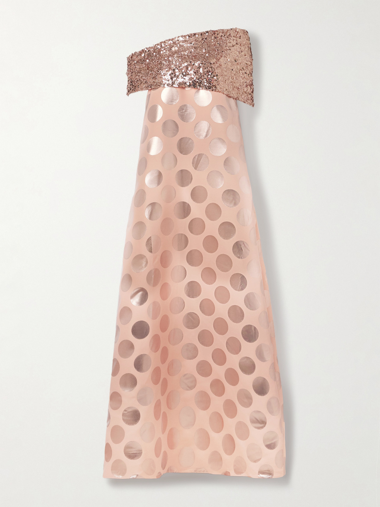 Dima Ayad Asymmetric Sequin-embellished Draped Metallic Polka-dot Brocade Gown In Gold