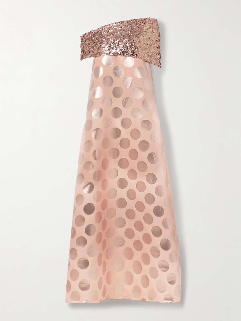 Dima Ayad Asymmetric Sequin-embellished Draped Metallic Polka-dot Brocade Gown