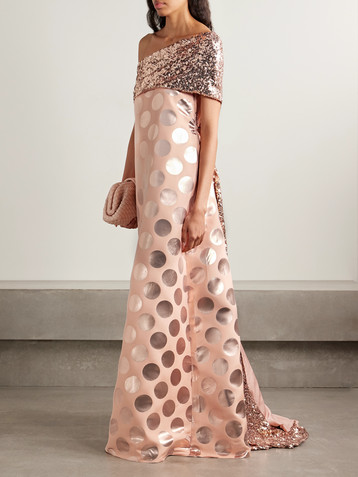 Dima Ayad Asymmetric sequin-embellished draped metallic polka-dot brocade gown