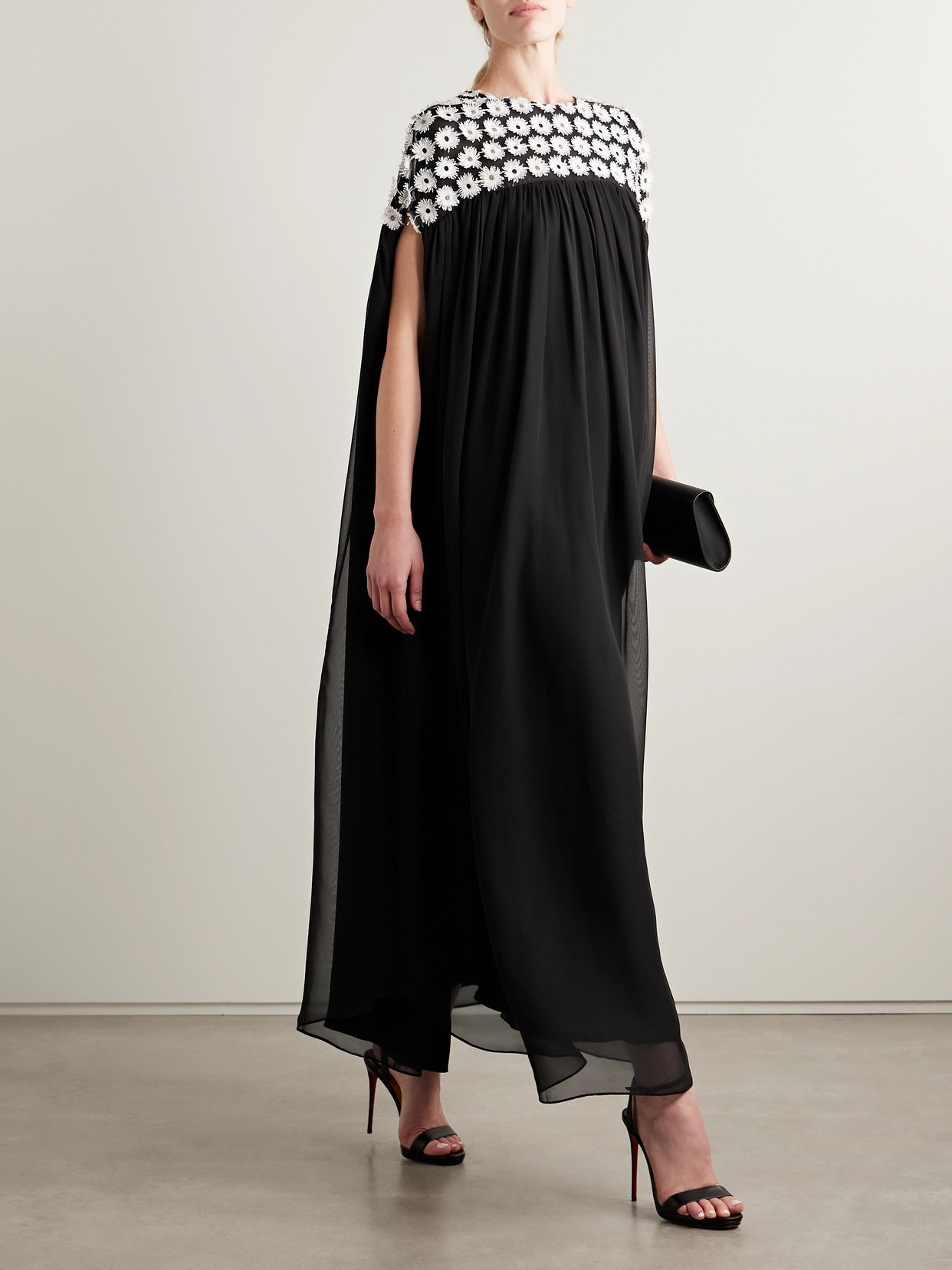 Dima Ayad Gathered Embroidered Tulle And Georgette Maxi Dress