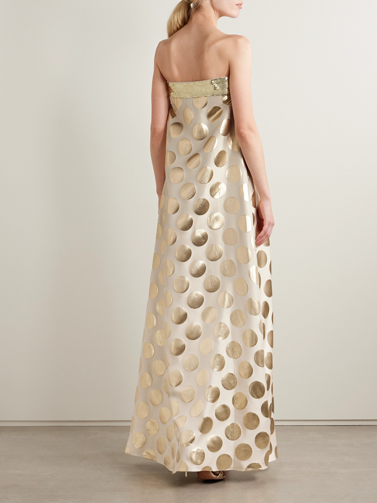 Dima Ayad Strapless Sequin-embellished Metallic Polka-dot Brocade Gown