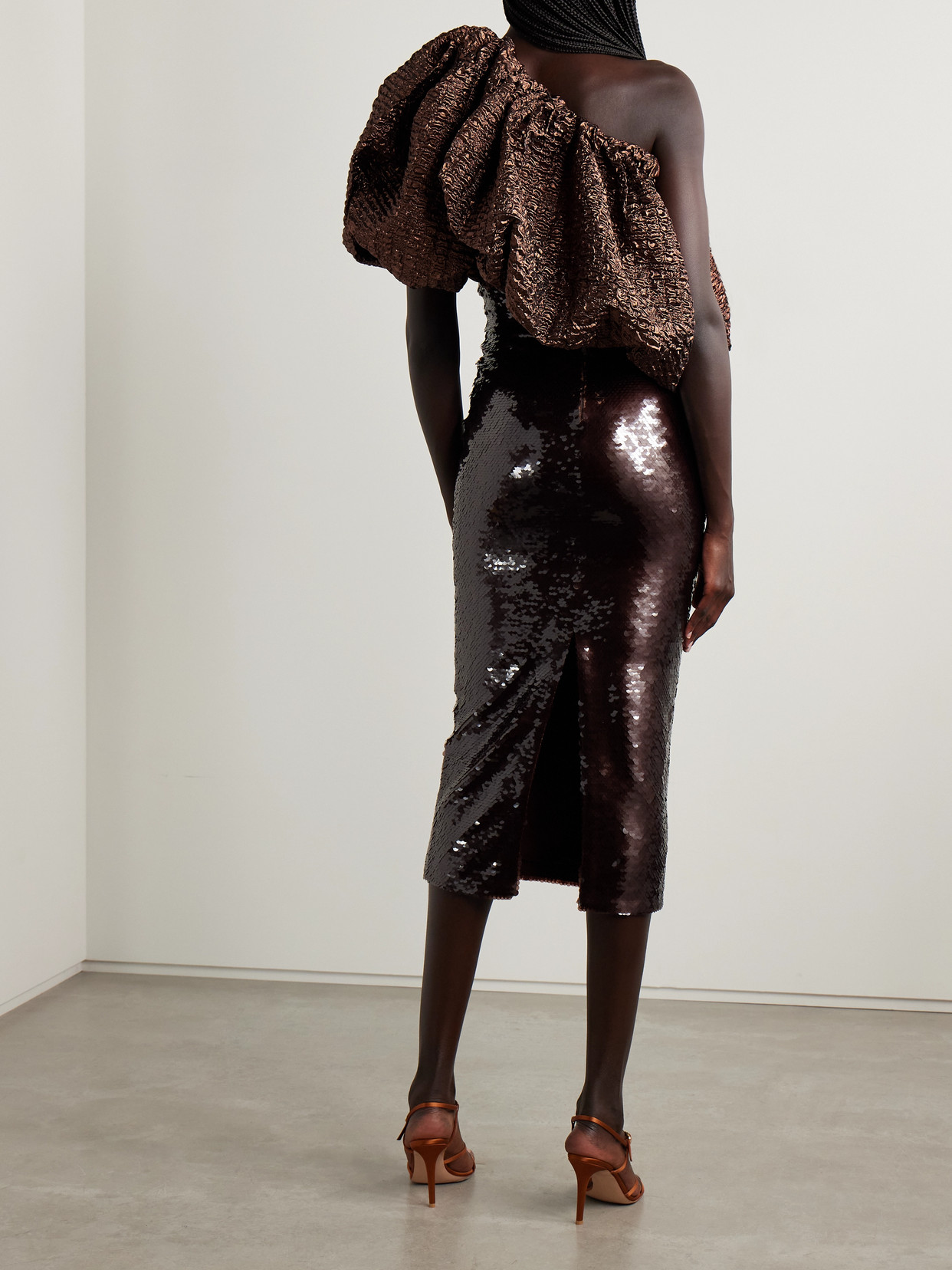 Dima Ayad One-shoulder Metallic Cloqué-trimmed Sequined Satin-jersey Midi Dress