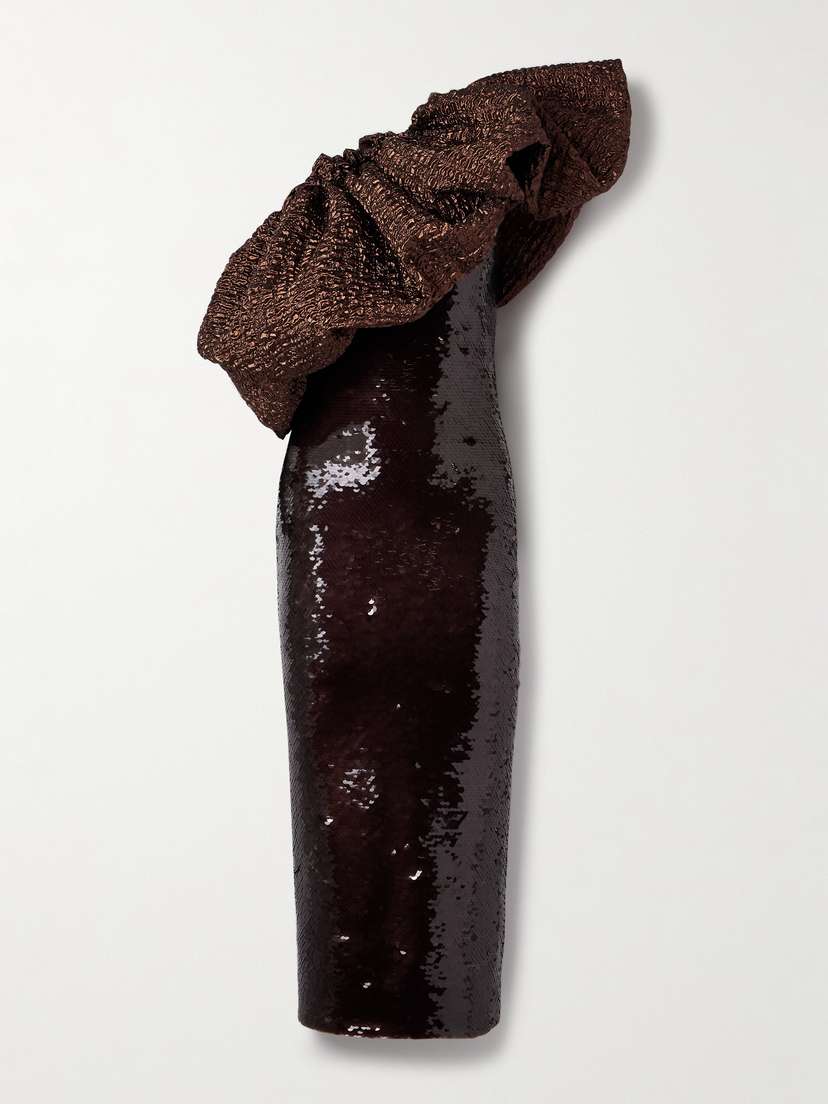 Dima Ayad One-shoulder Metallic Cloqué-trimmed Sequined Satin-jersey Midi Dress