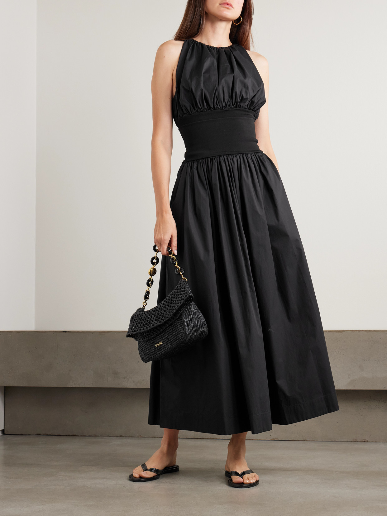Esse Studios Gathered Organic Cotton-poplin And Stretch-knit Maxi Skirt In Black