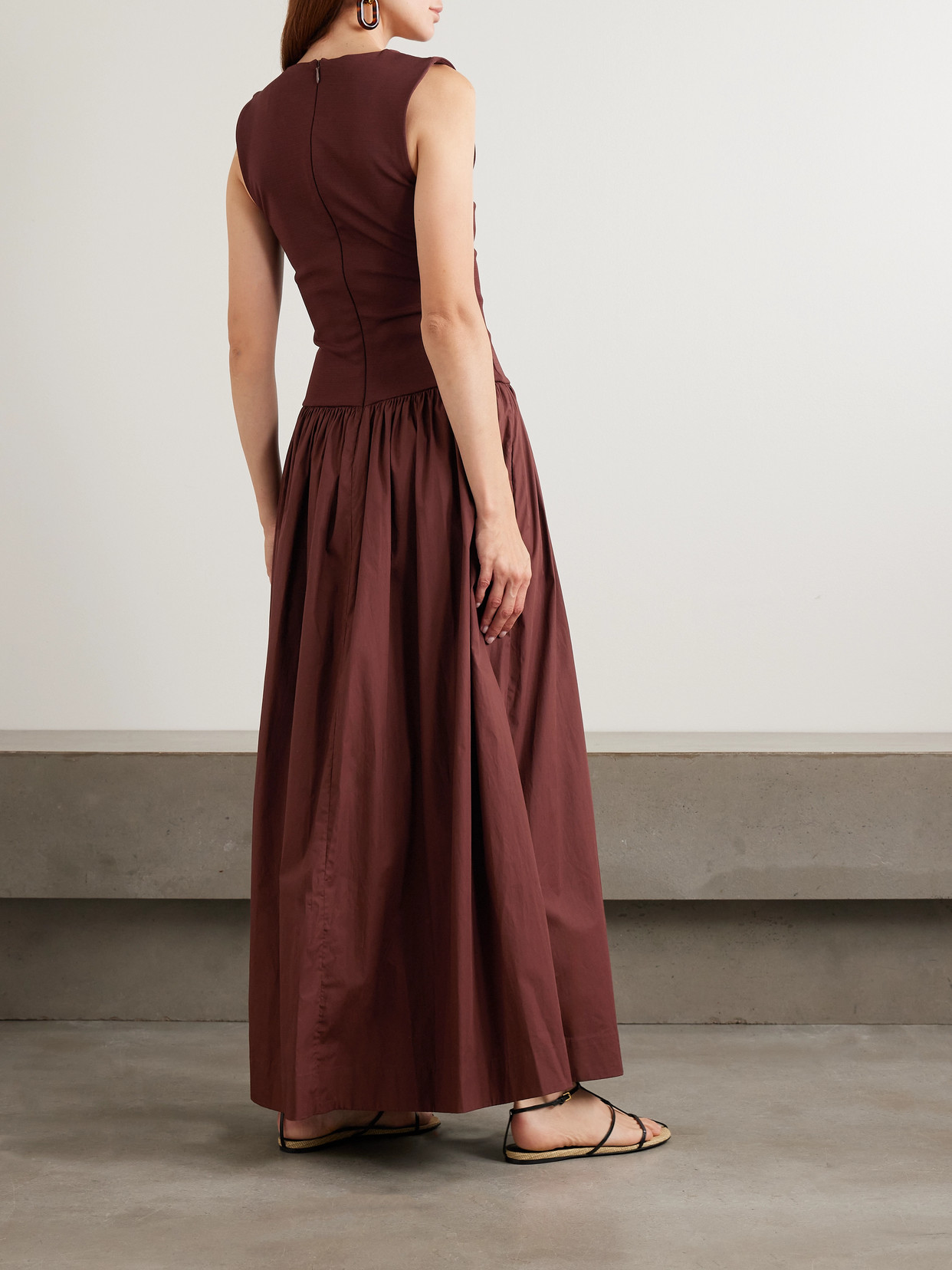 Esse Studios Stretch-knit And Gathered Organic Cotton-poplin Maxi Dress In Brown