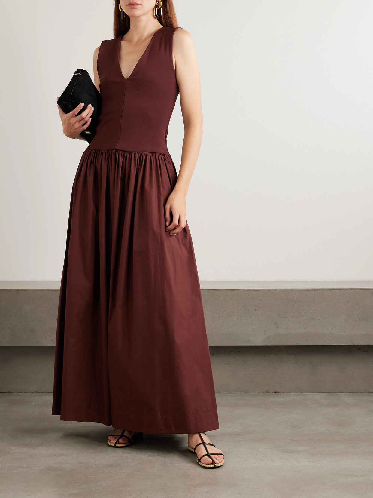 Esse Studios Stretch-knit And Gathered Organic Cotton-poplin Maxi Dress In Brown