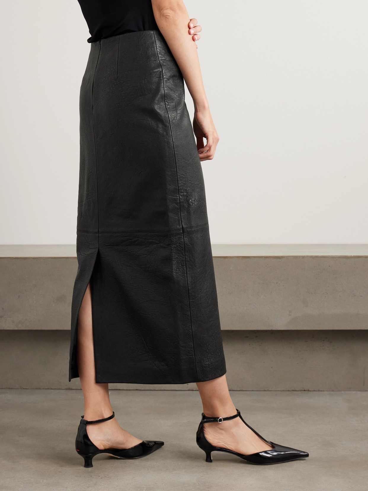 Esse Studios Leather Midi Skirt In Black