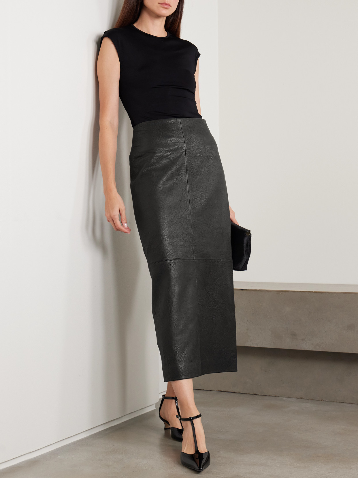 Esse Studios Leather Midi Skirt In Black