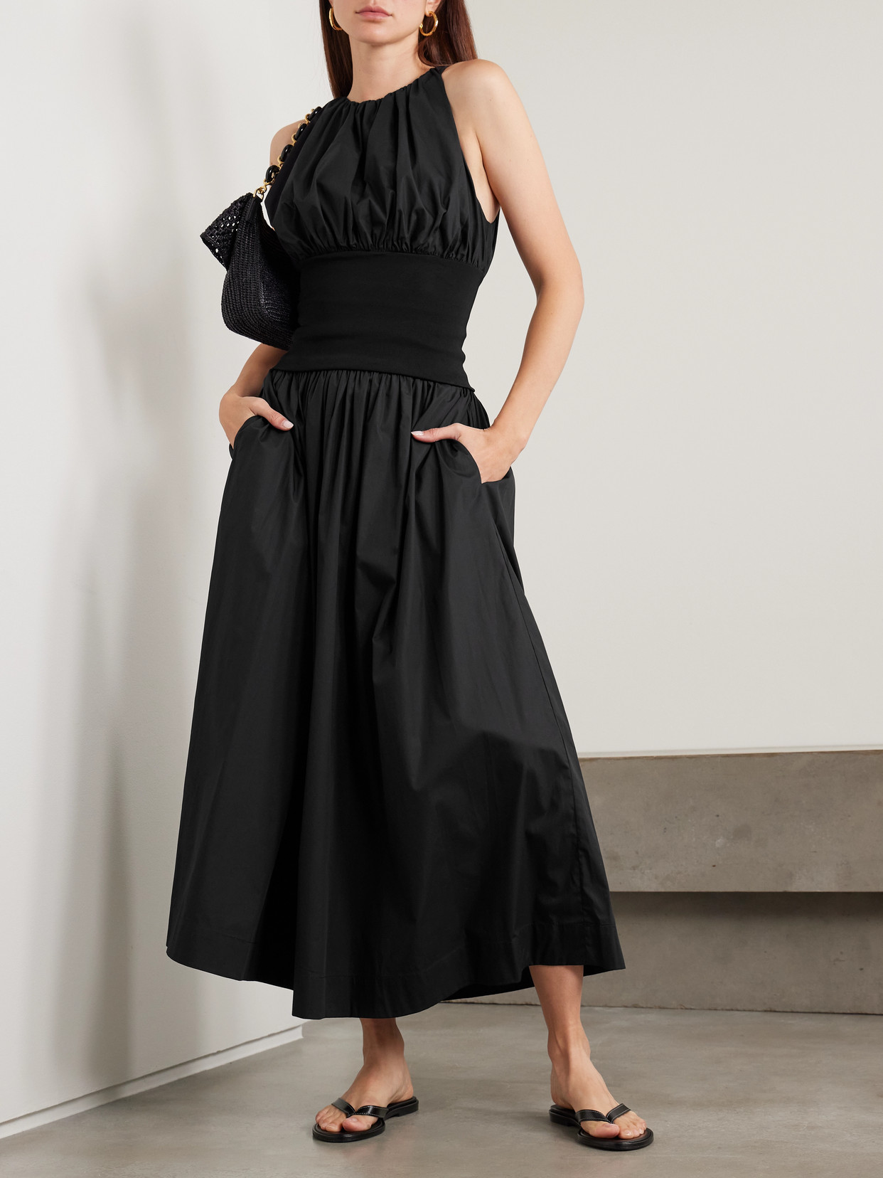 Esse Studios Cropped Gathered Organic Cotton-poplin And Stretch-knit Top In Black