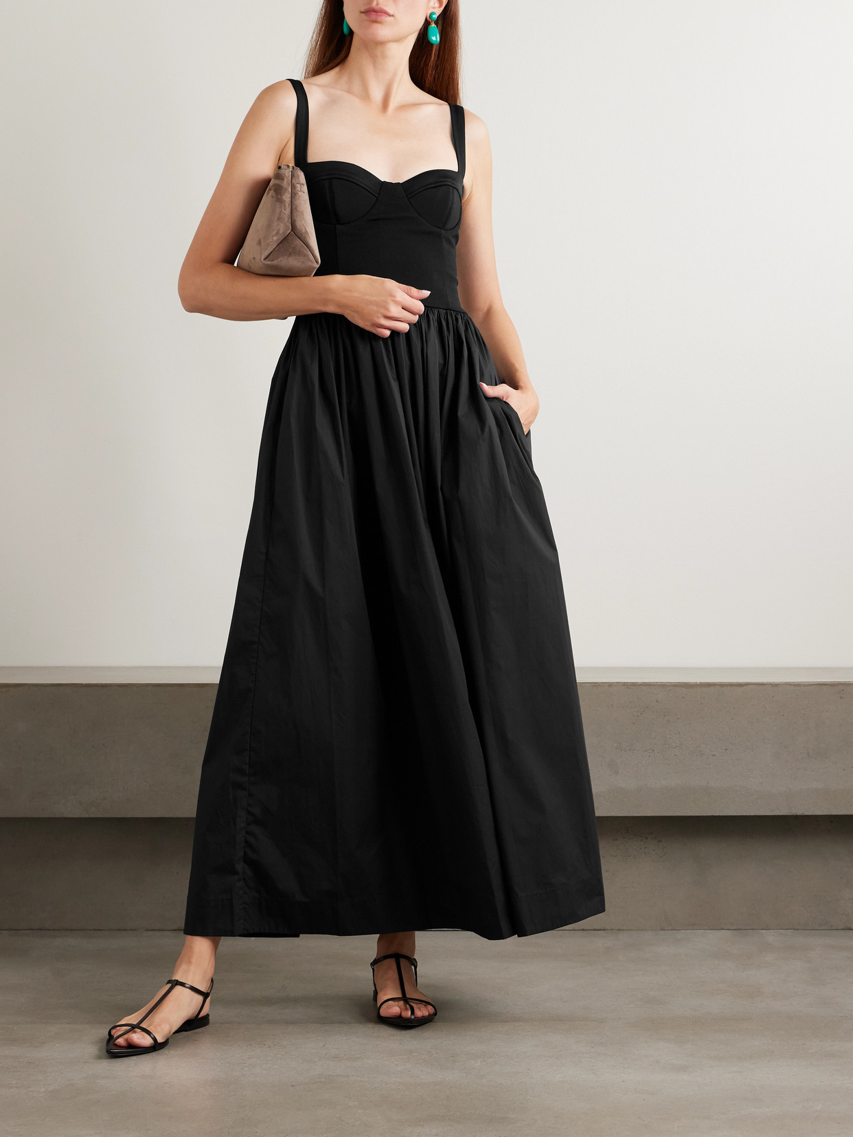Esse Studios Stretch-knit And Organic Cotton-poplin Bustier Maxi Dress In Black