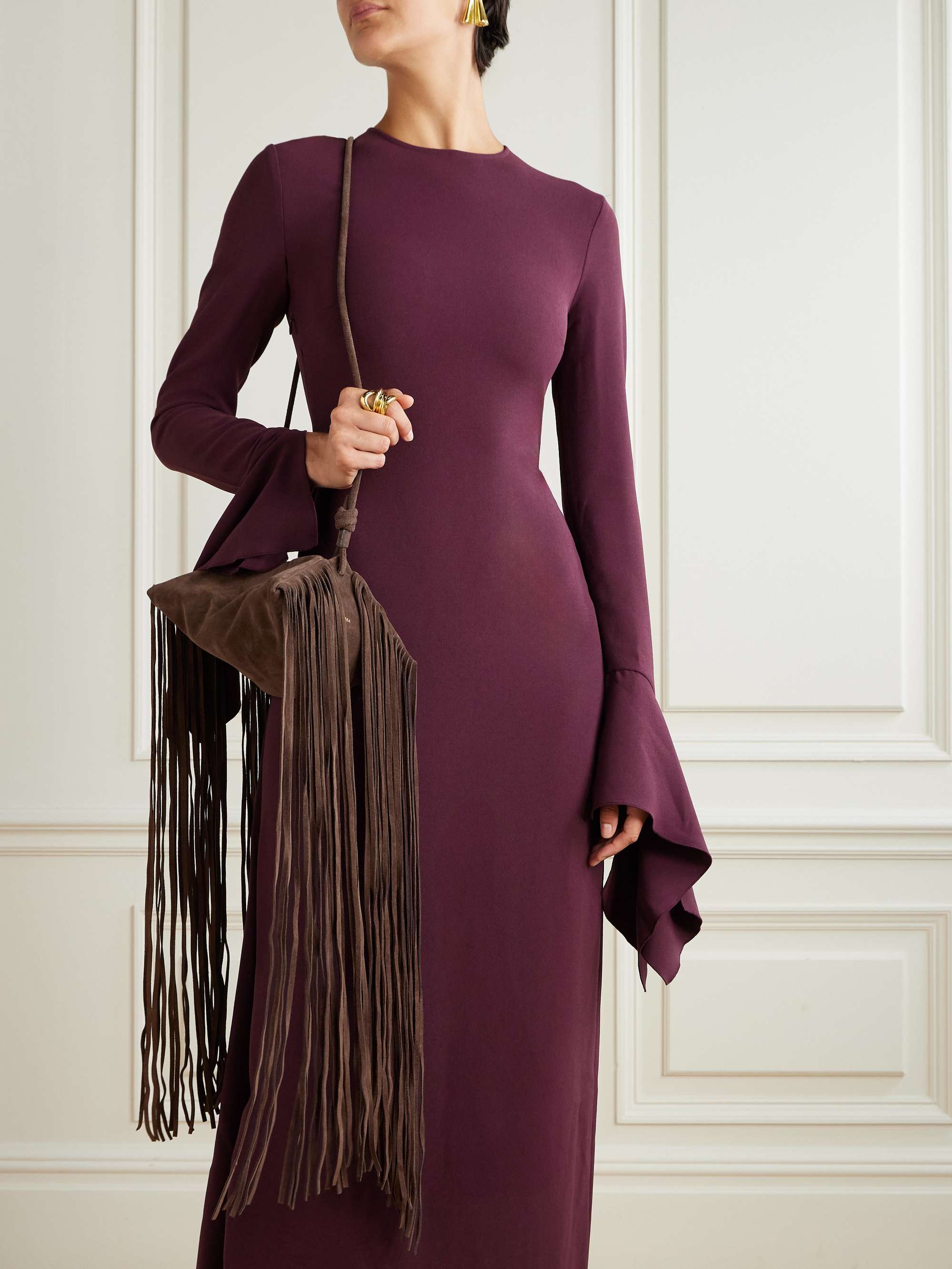 Origami mini fringed suede shoulder bag - chocolate - One Size