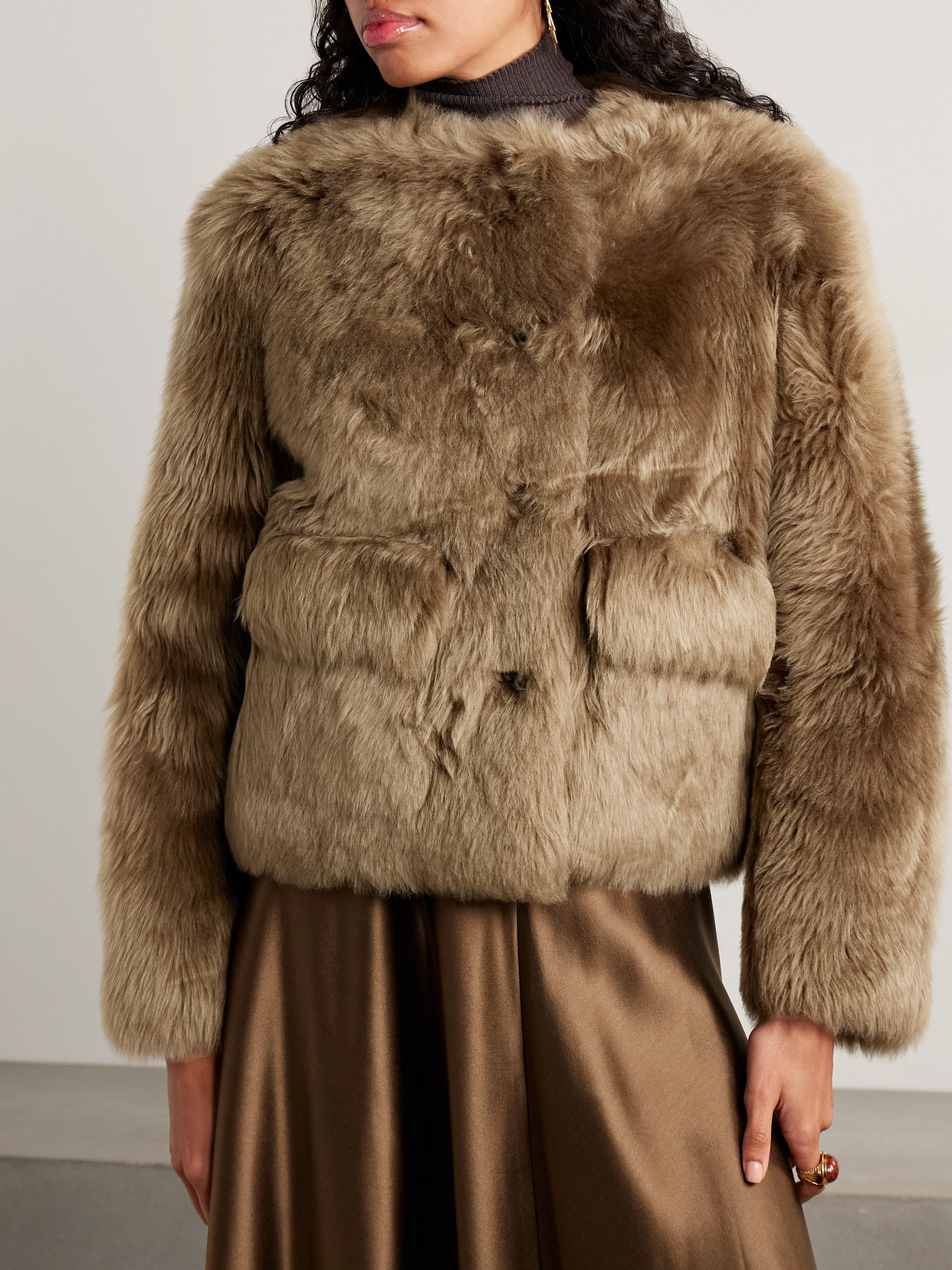 Altuzarra Maury Lamb Shearling Collarless Coat In Brown