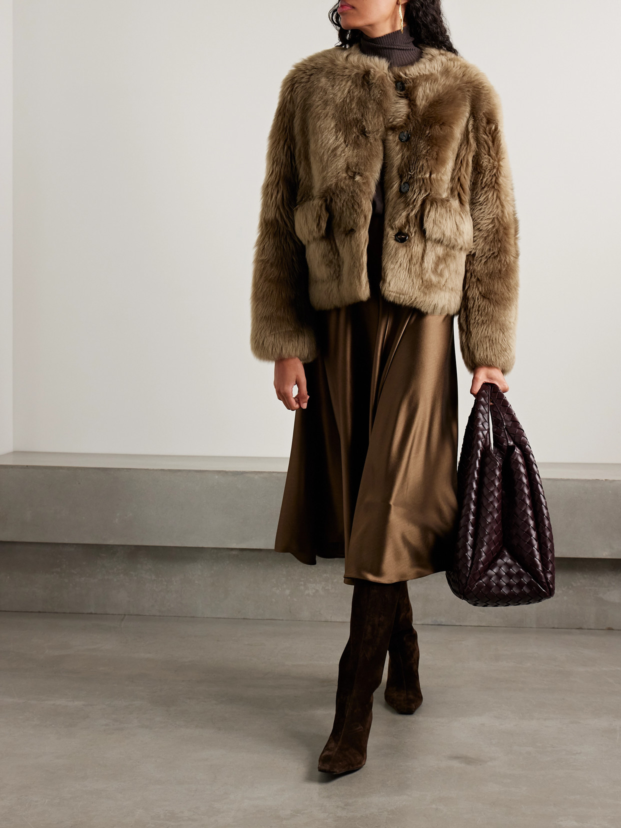 Altuzarra Maury Lamb Shearling Collarless Coat In Brown