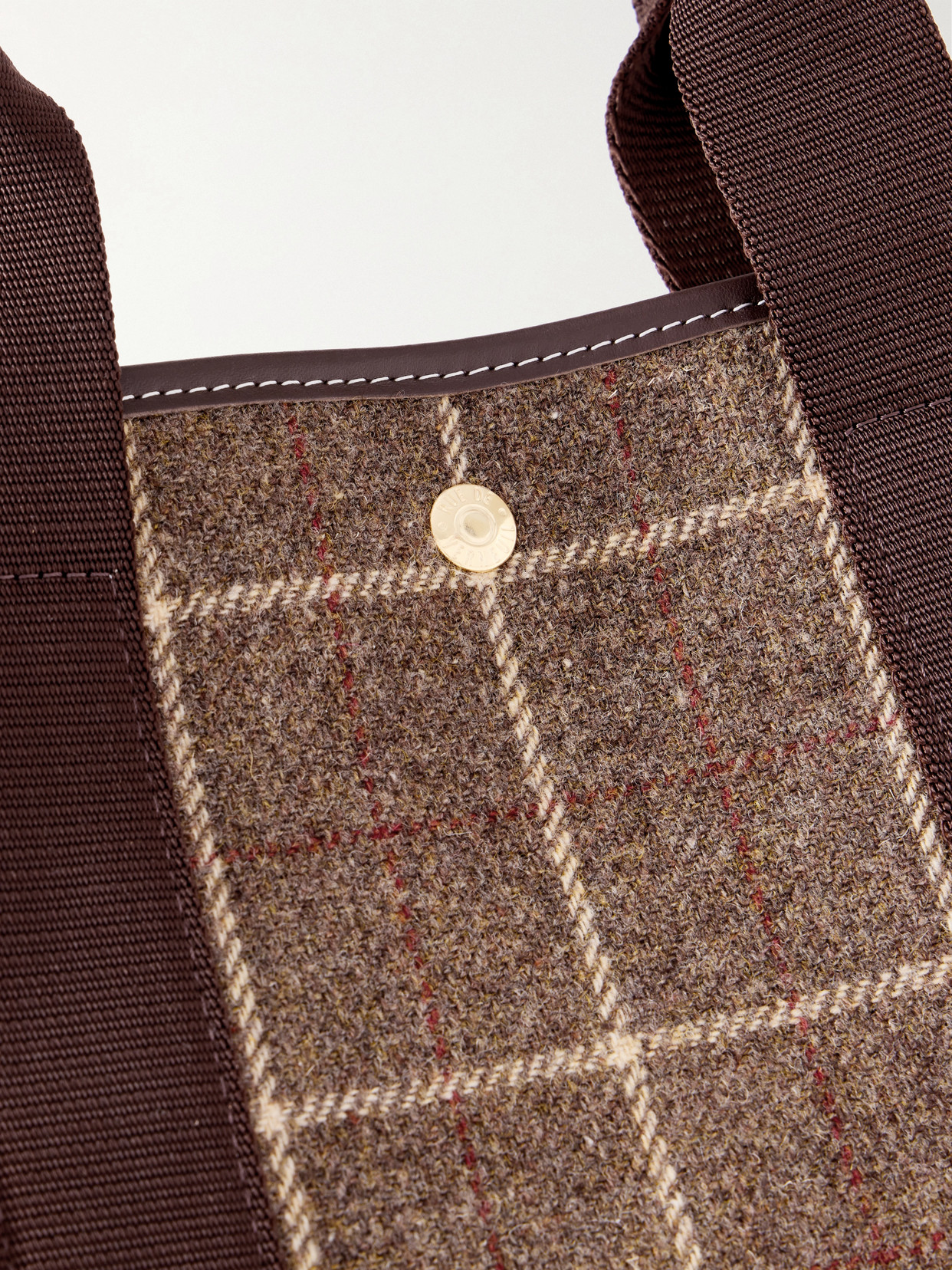 Rue De Verneuil Traversée Hunter Large Webbing And Leather-trimmed Checked Tweed Tote In Brown