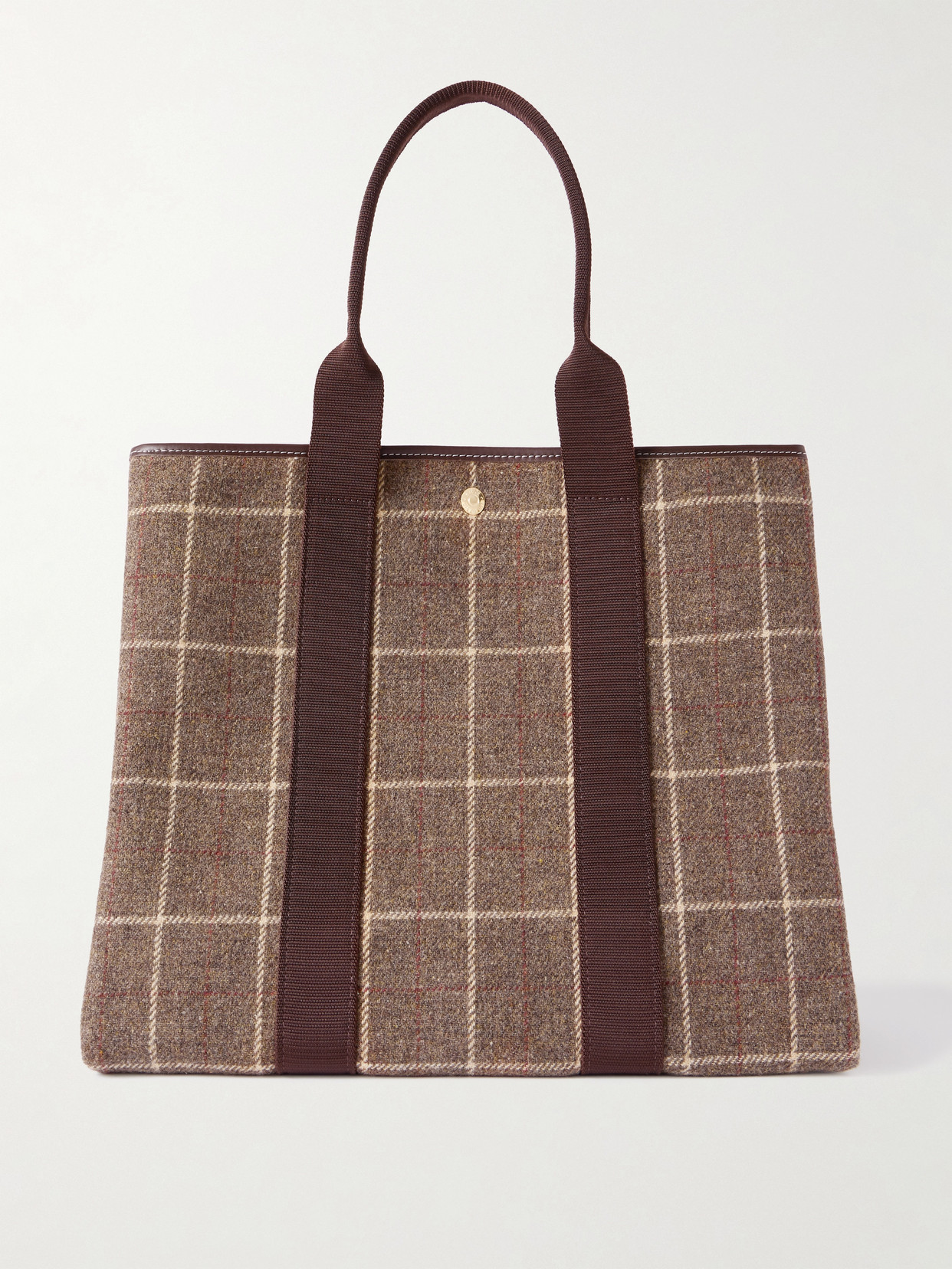 Rue De Verneuil Traversée Hunter Large Webbing And Leather-trimmed Checked Tweed Tote In Brown