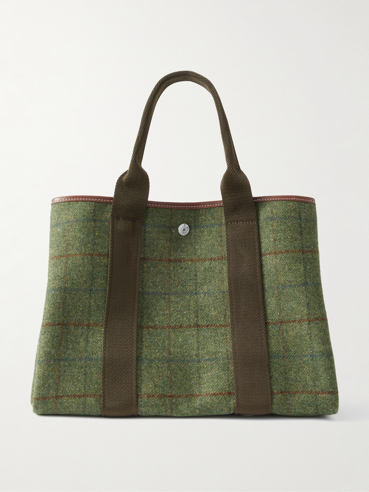 Rue De Verneuil Traversée Hunting Medium Webbing And Leather-trimmed Checked Wool-felt Tote In Green