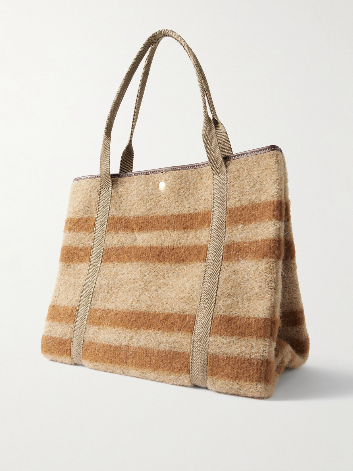 Rue De Verneuil Traversée Mongolian Blanket Large Webbing And Leather-trimmed Striped Brushed-felt Tote In Brown