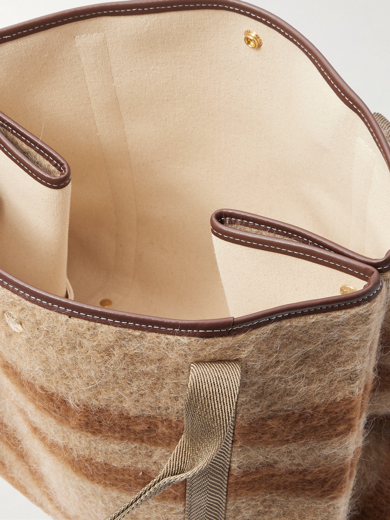 Rue De Verneuil Traversée Mongolian Blanket Large Webbing And Leather-trimmed Striped Brushed-felt Tote In Brown