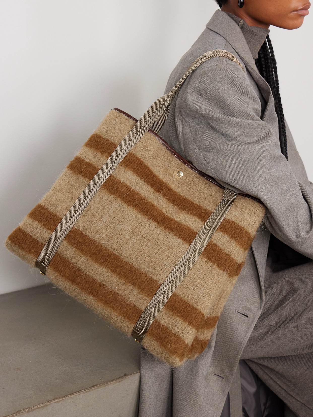 Traversée Mongolian Blanket Large Webbing And Leather-Trimmed Striped Brushed-Felt Tote