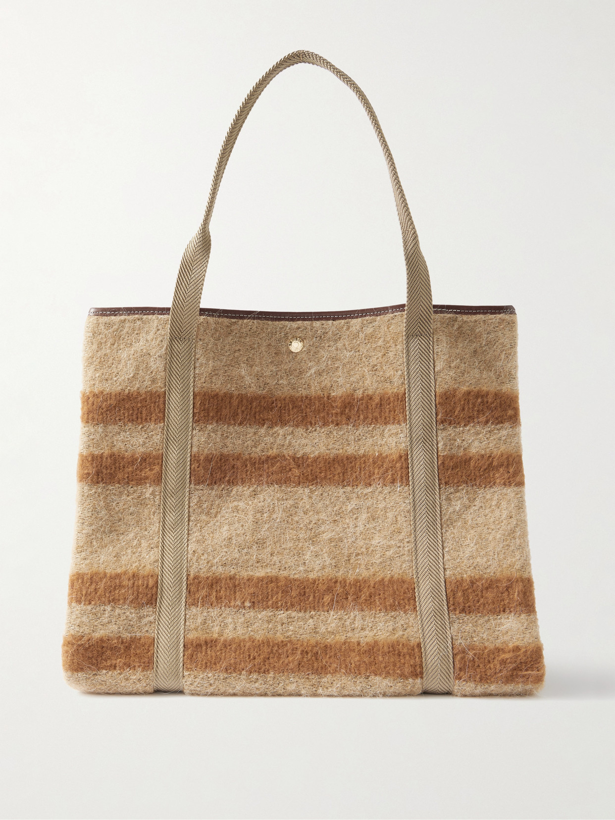 Rue De Verneuil Traversée Mongolian Blanket Large Webbing And Leather-trimmed Striped Brushed-felt Tote In Brown