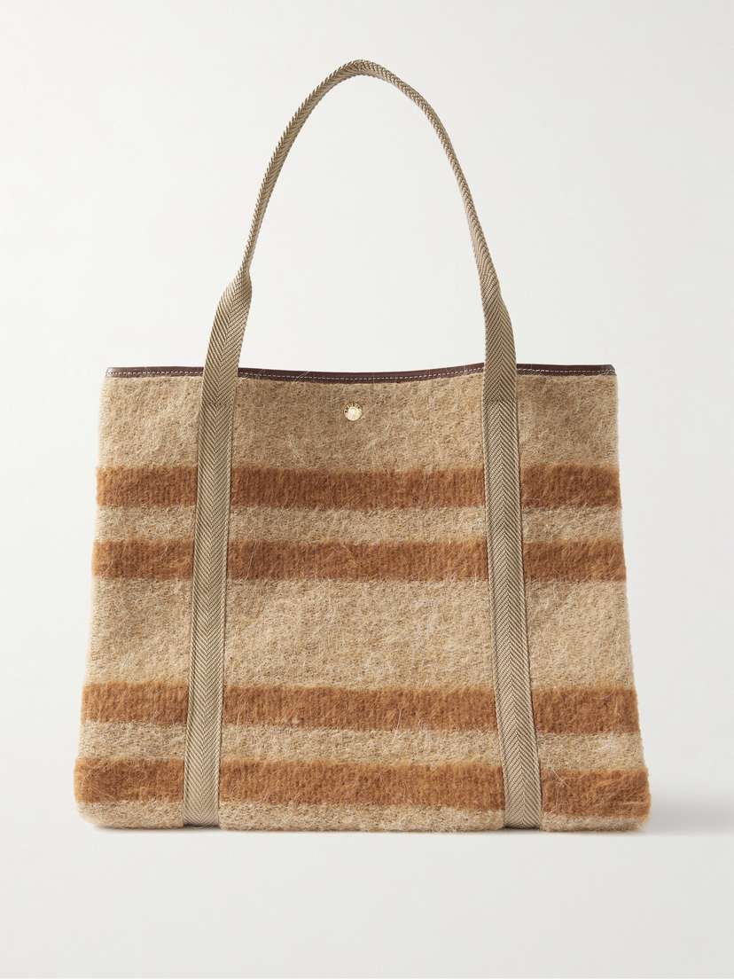 RUE de VERNEUIL Traversée Mongolian Blanket Large Webbing And Leather-trimmed Striped Brushed-felt Tote