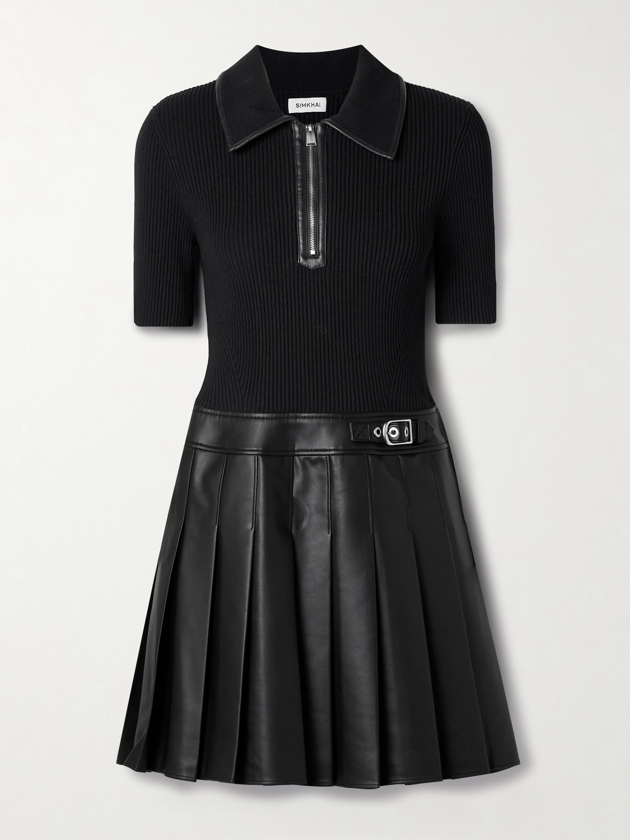 Simkhai Linnie Ribbed-knit And Pleated Mini Dress In Black