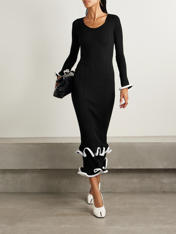 SIMKHAI Sonali tiered ruffled ribbed-knit midi dress