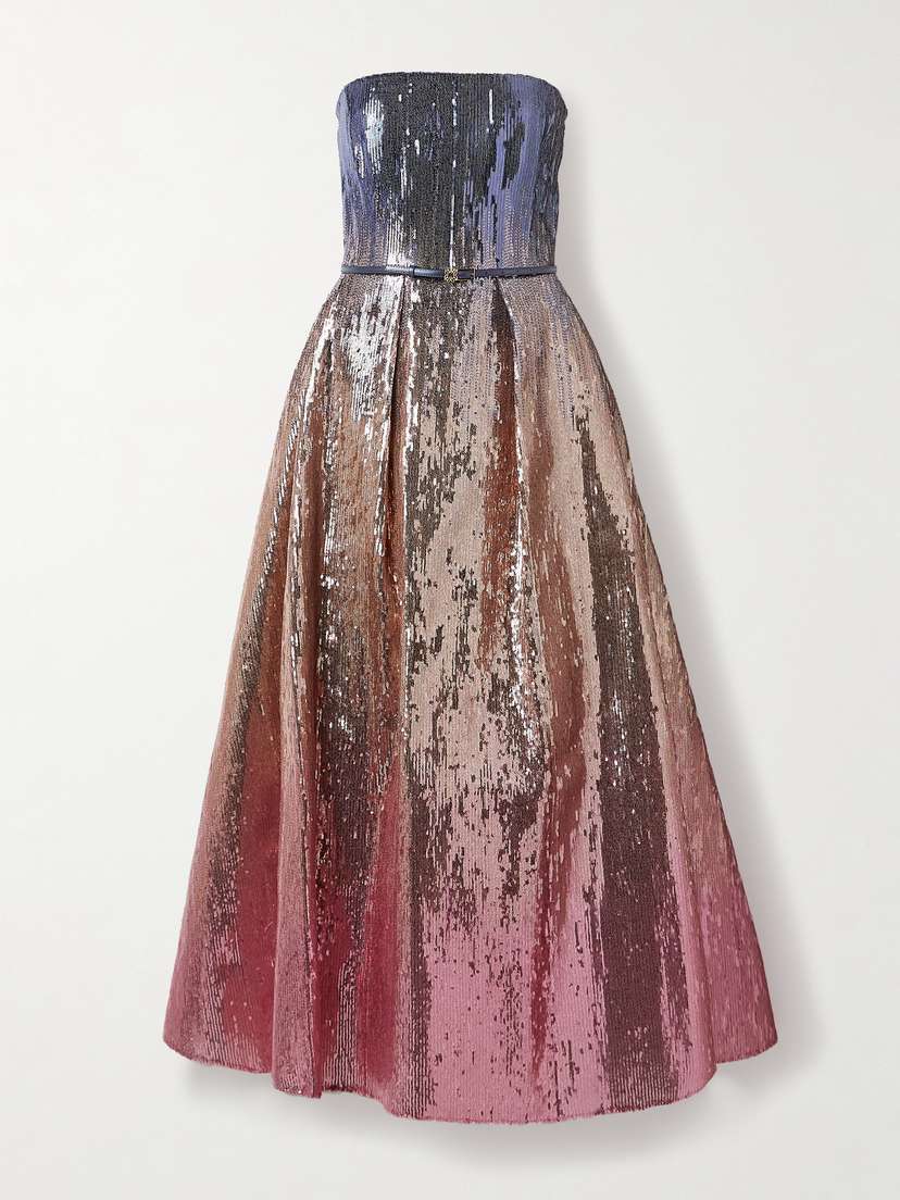Elie Saab Strapless Pleated Sequined Tulle Gown